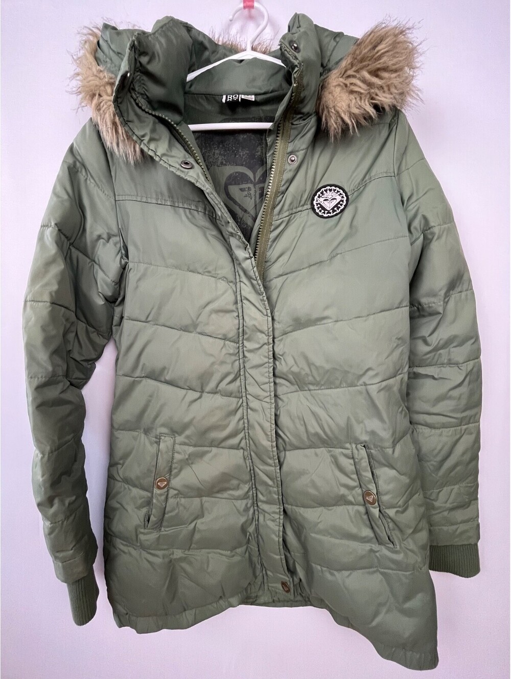 ROXY Down Puffer Jacket Women’s M Olive Green Parka Faux Fur Hood Winter Coat